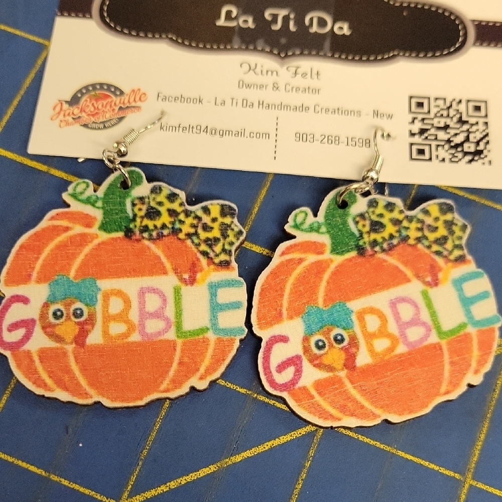 Pumpkin Turkey Gobble Leopard Bow Earrings Fall Autumn Thanksgiving